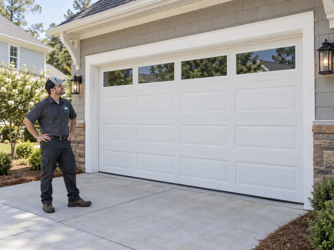 Garage door technician inspecting a completed residential garage door installation