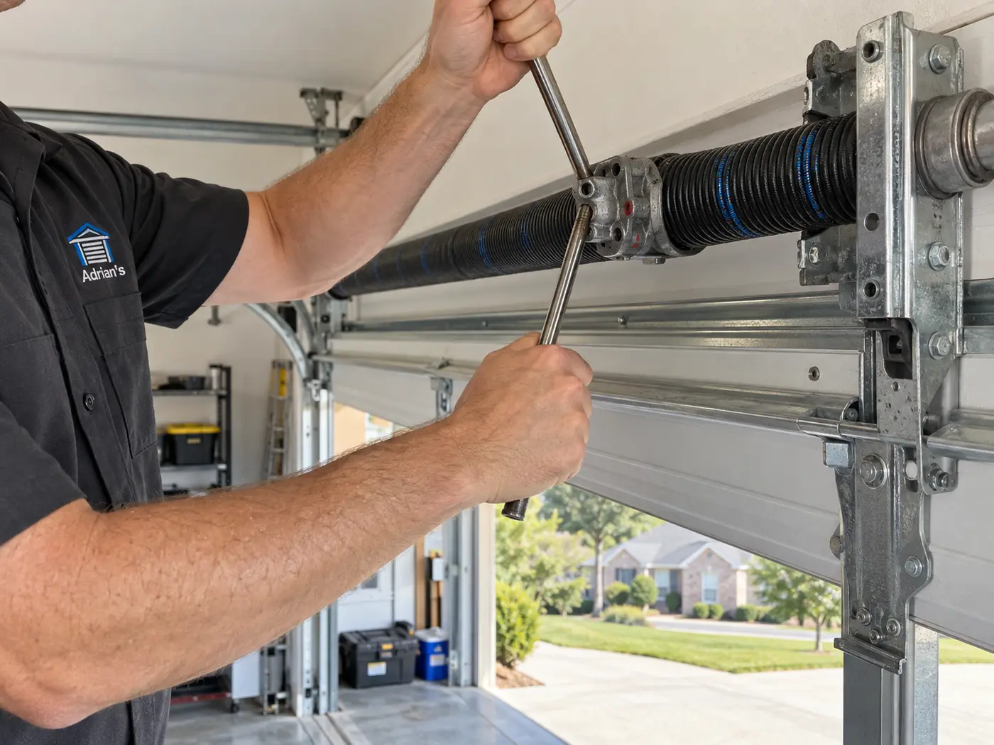 Technician replacing a residential garage door torsion spring