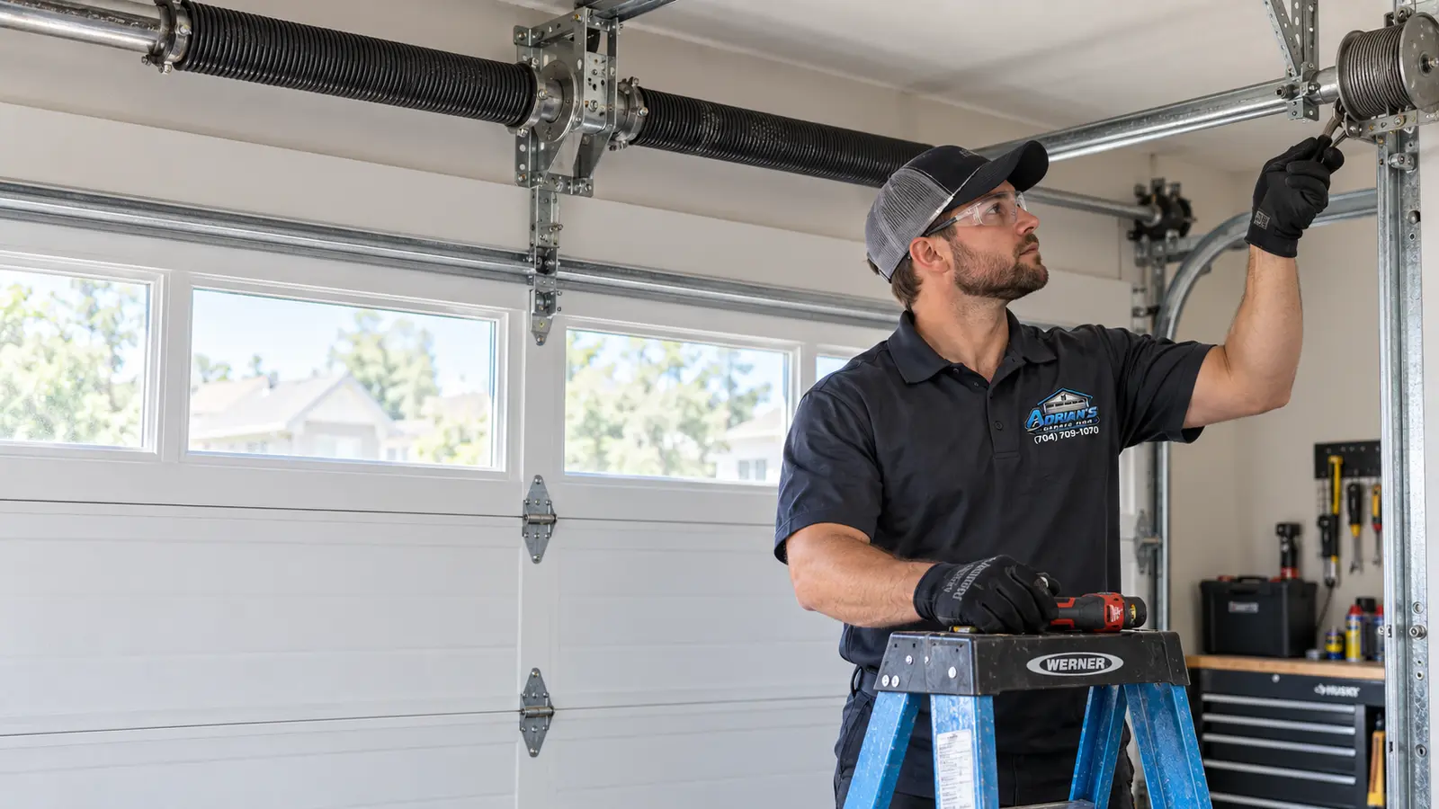 Technician inspecting residential garage door hardware