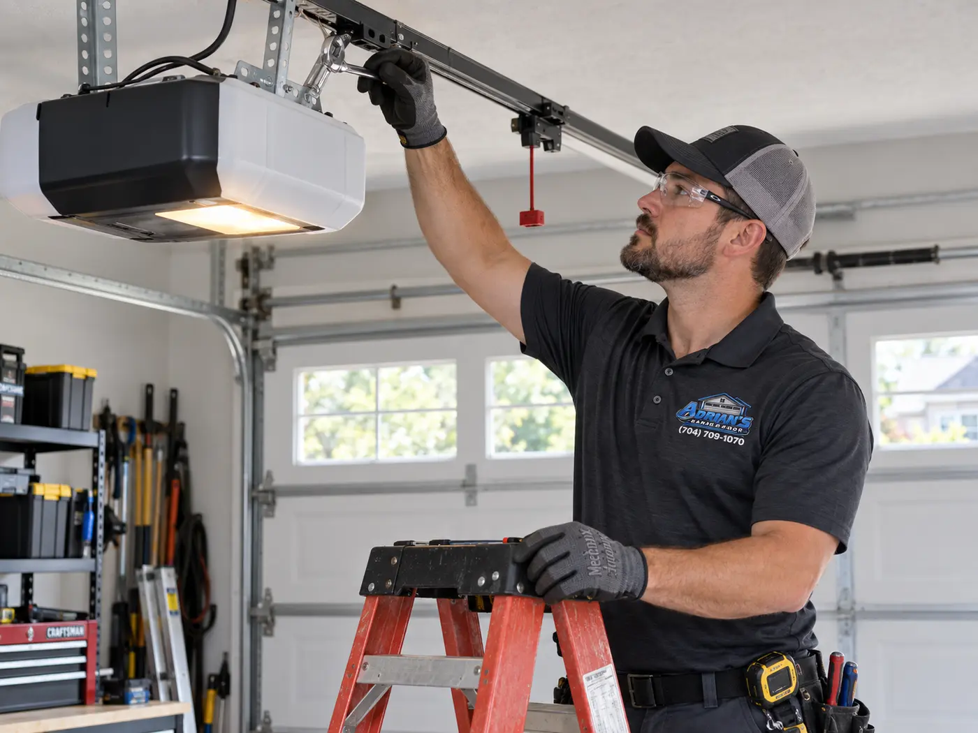 Garage door technician inspecting an opener system